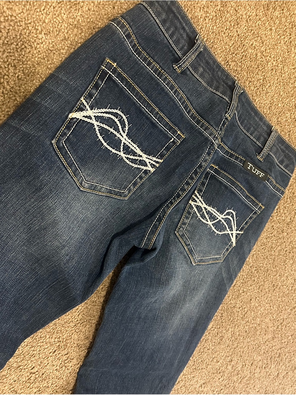 Cowgirl Tuff Dark Blue Boot Cut Jeans with White Embroidered Pockets
